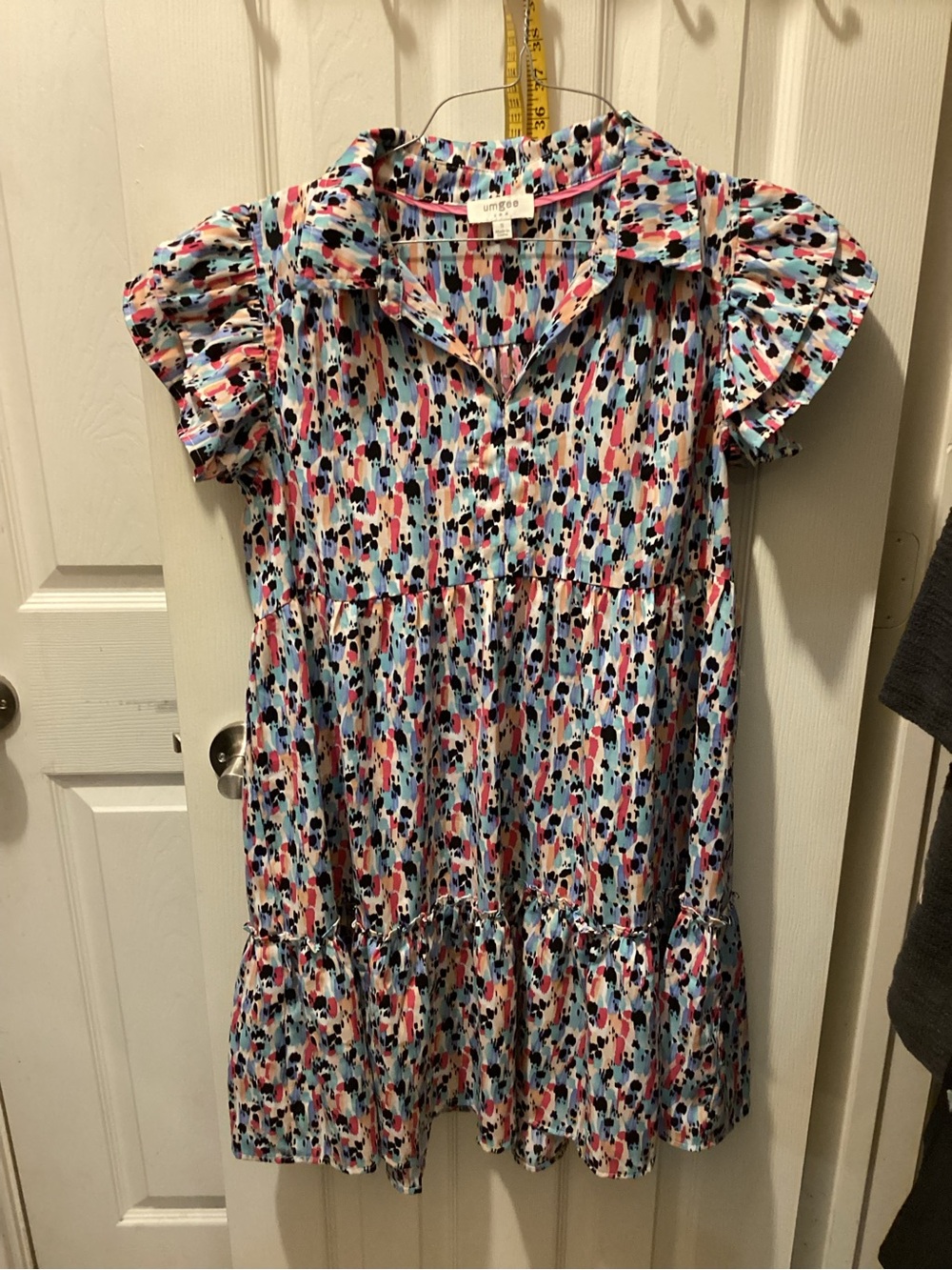 Umgee Multicolor Splash Tiered Ruffle Sleeve Dress - Blue Pink Black Cream